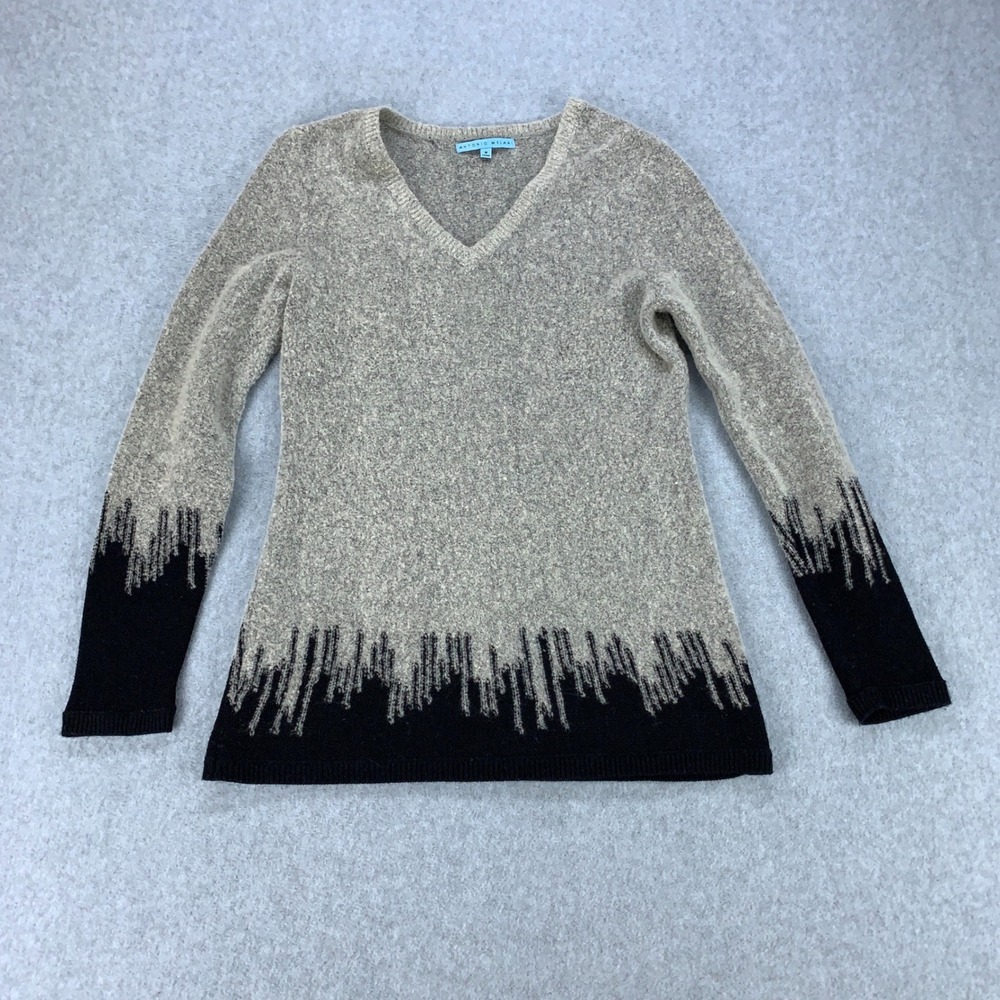 Antonio Melani Sweater Womens Medium Gray Black Wool Blend V-Neck Drip Intarsia